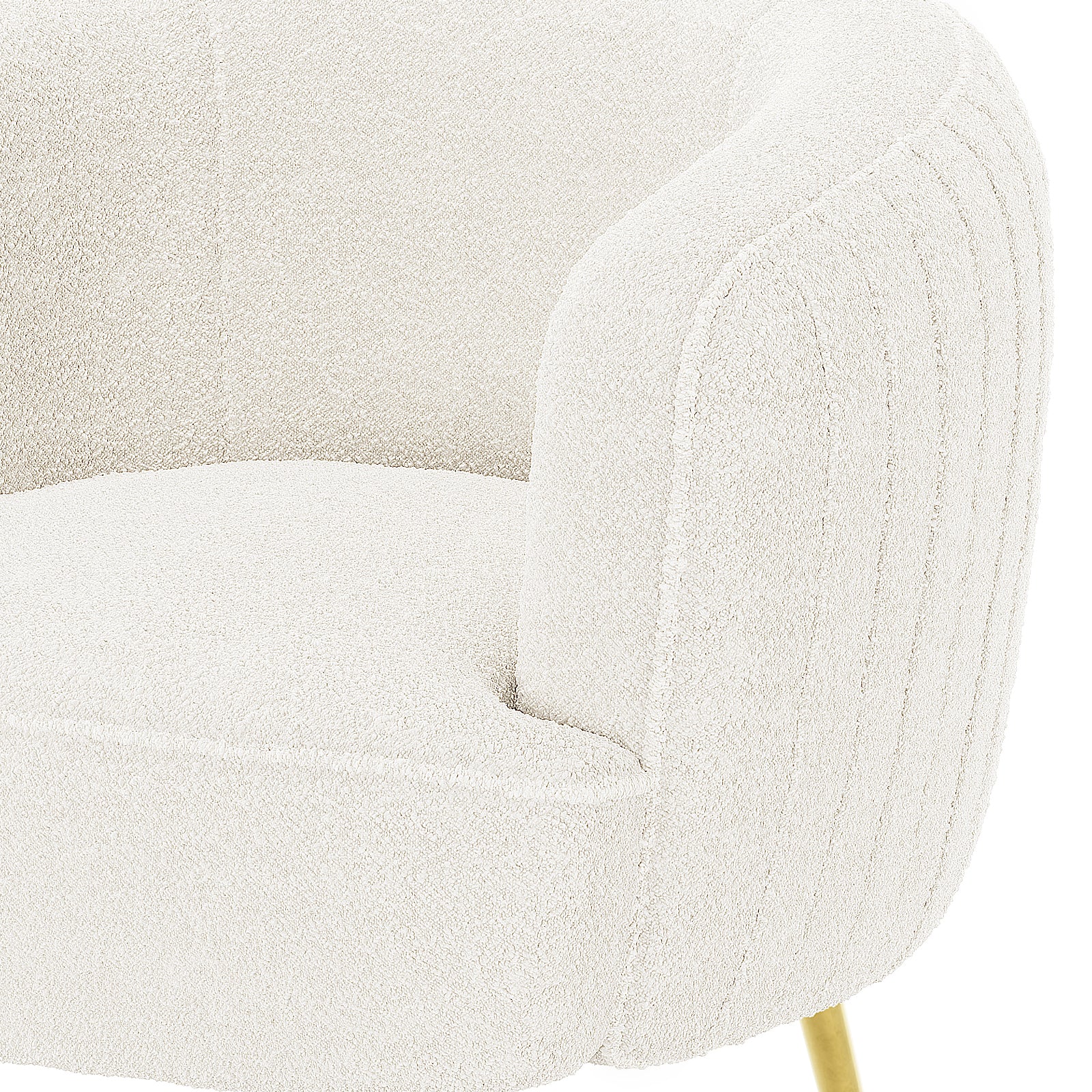 Evelyn 4 Seater Boucle Sofa Set in Cream White, showcasing a close-up of a rounded armrest, plush seat cushion, and slender gold-finished metal leg of an upholstered armchair in bouclé fabric.