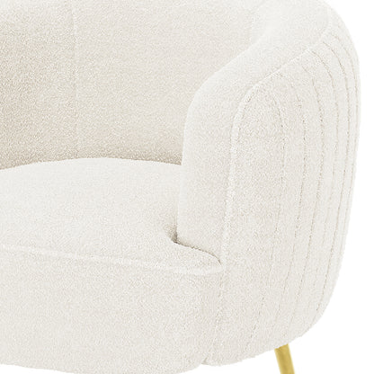 Evelyn 4 Seater Boucle Sofa Set in Cream White, showcasing a close-up of a rounded armrest, plush seat cushion, and slender gold-finished metal leg of an upholstered armchair in bouclé fabric.