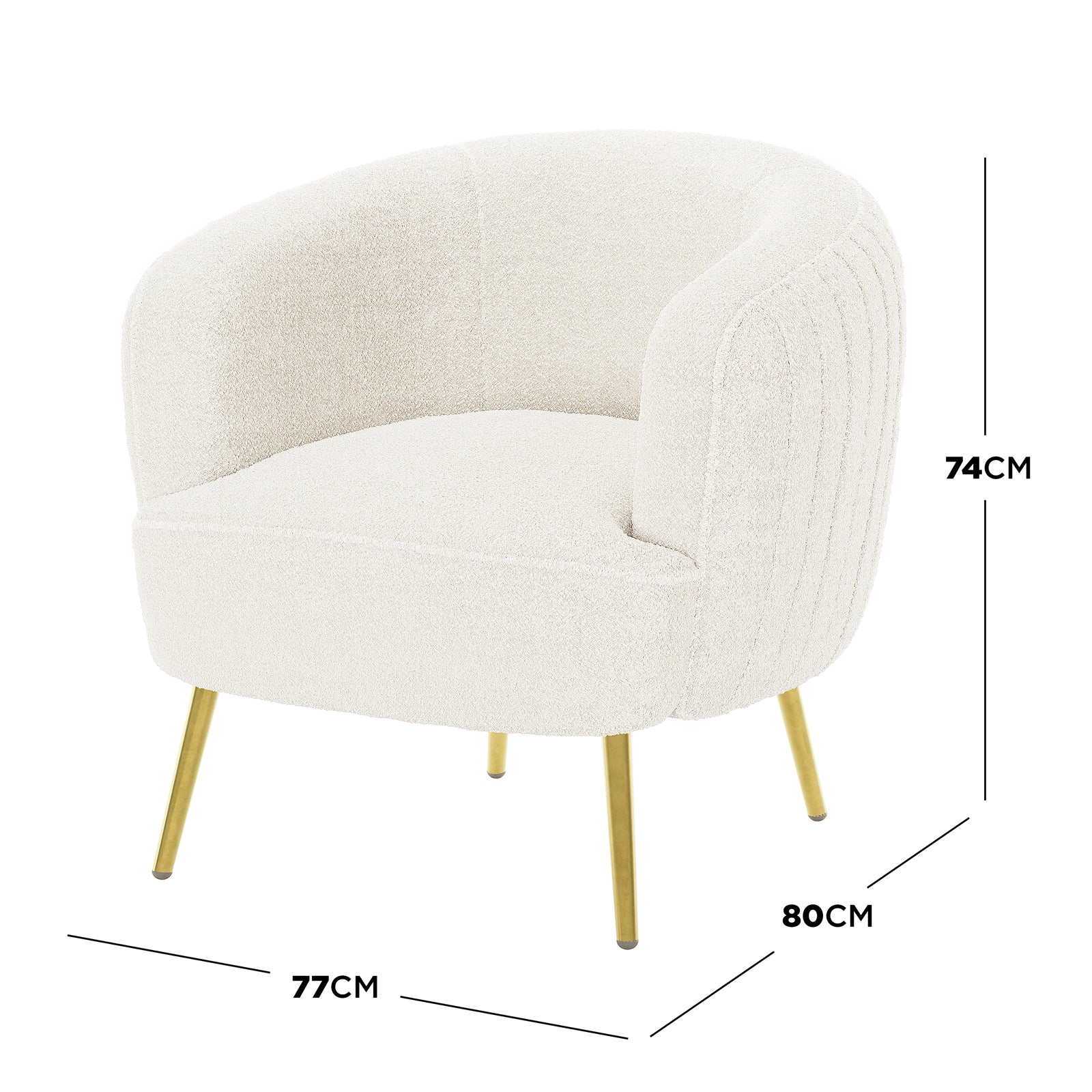 Evelyn 4 Seater Boucle Sofa Set in Cream White features a modern armchair with cream boucle fabric and slender brushed-gold legs, measuring 77 cm wide, 80 cm deep, and 74 cm high.