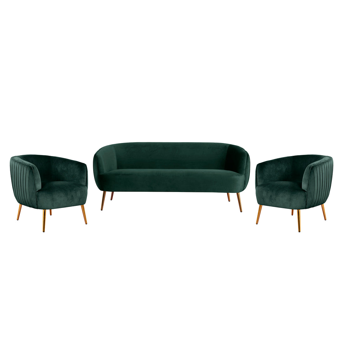 Evelyn 4 Seater Velvet Sofa Set in Dark Green features a low-profile sofa and two armchairs with curving backs and slender gold-tone legs, offering a luxurious and elegant living-room seating solution.