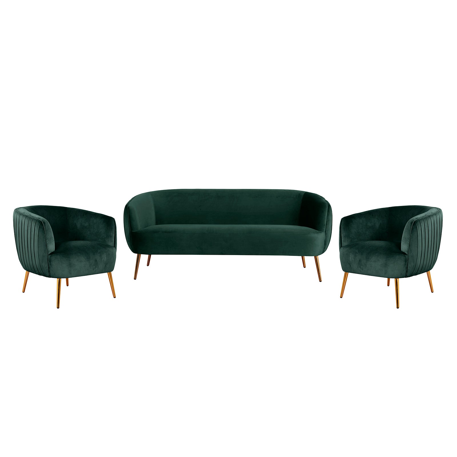 Evelyn 4 Seater Velvet Sofa Set in Dark Green features a low-profile sofa and two armchairs with curving backs and slender gold-tone legs, offering a luxurious and elegant living-room seating solution.