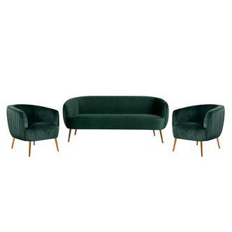 Evelyn 4 Seater Velvet Sofa Set in Dark Green features a low-profile sofa and two armchairs with curving backs and slender gold-tone legs, offering a luxurious and elegant living-room seating solution.