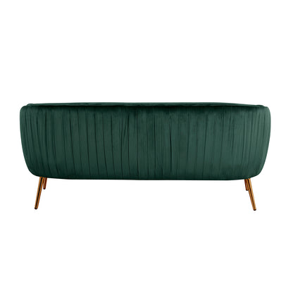 Rear view of the Evelyn 4 Seater Velvet Sofa Set in Dark Green, showcasing a curved back with vertical pleating, upholstered in emerald-green velvet, and resting on gold-toned metal legs.