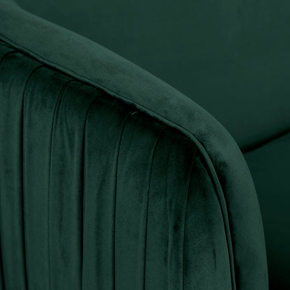 Close-up of the Evelyn 4 Seater Velvet Sofa Set in Dark Green, showcasing plush velvet fabric with vertical channel-stitched detailing on a rounded, padded armrest, highlighting its luxurious texture and craftsmanship.