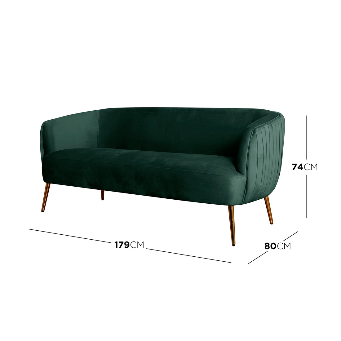 Evelyn 4 Seater Velvet Sofa Set in Dark Green features a modern design with deep green velvet upholstery, slender metallic legs, and dimensions of 179 cm wide, 80 cm deep, and 74 cm high.