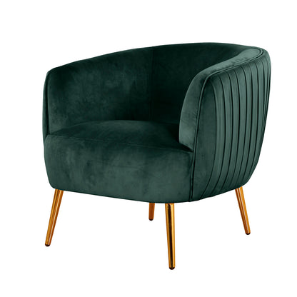 Mid-century-inspired accent chair from the Evelyn 4 Seater Velvet Sofa Set in Dark Green, featuring forest-green velvet upholstery, channel-tufted detailing, and slender gold-finished tapered metal legs.