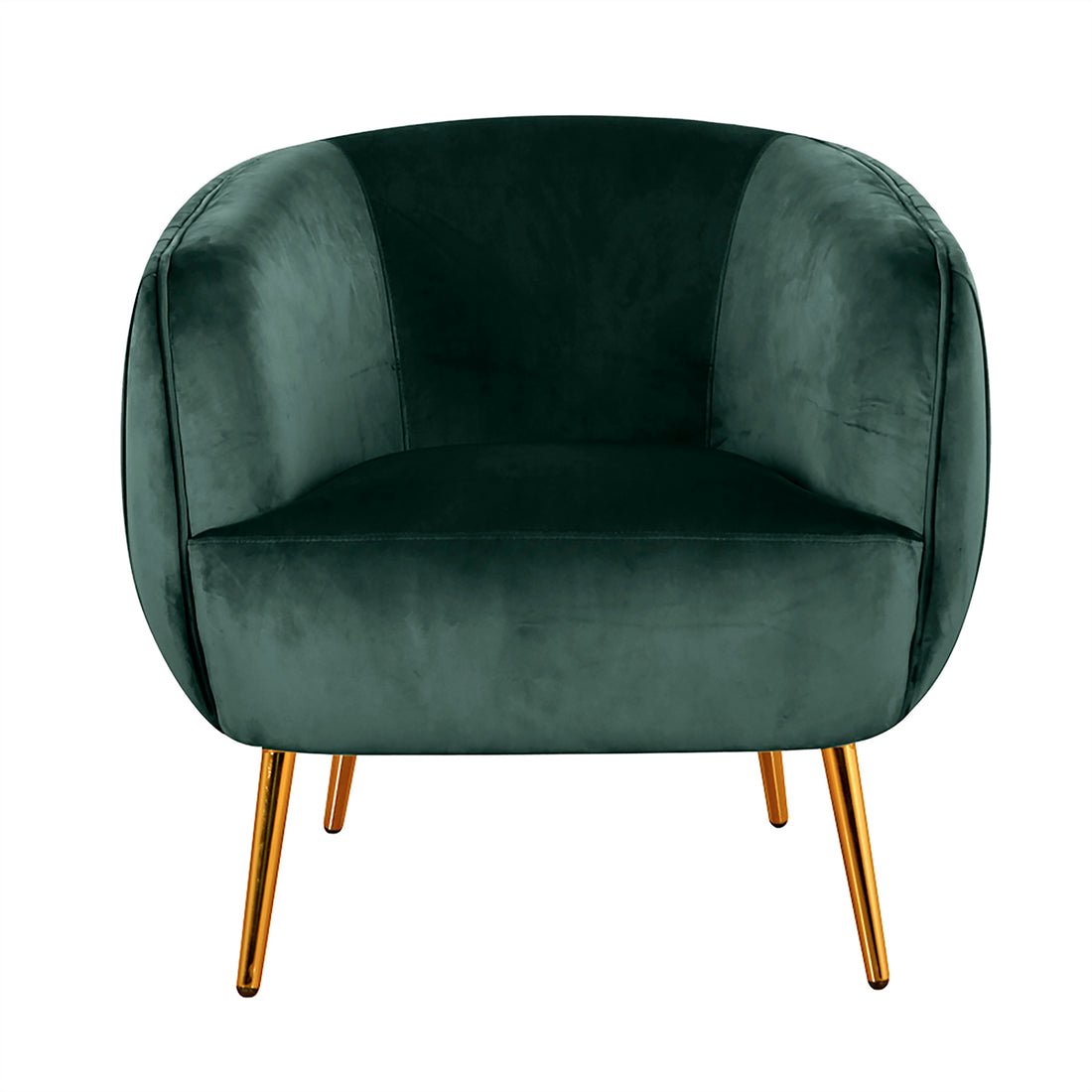Evelyn 4 Seater Velvet Sofa Set in Dark Green features a low-profile, barrel-style accent chair with deep green velvet and slender gold-finished metal legs, exuding luxury and elegance.