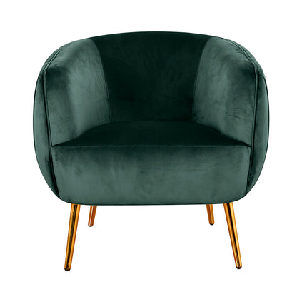 Evelyn 4 Seater Velvet Sofa Set in Dark Green features a low-profile, barrel-style accent chair with deep green velvet and slender gold-finished metal legs, exuding luxury and elegance.