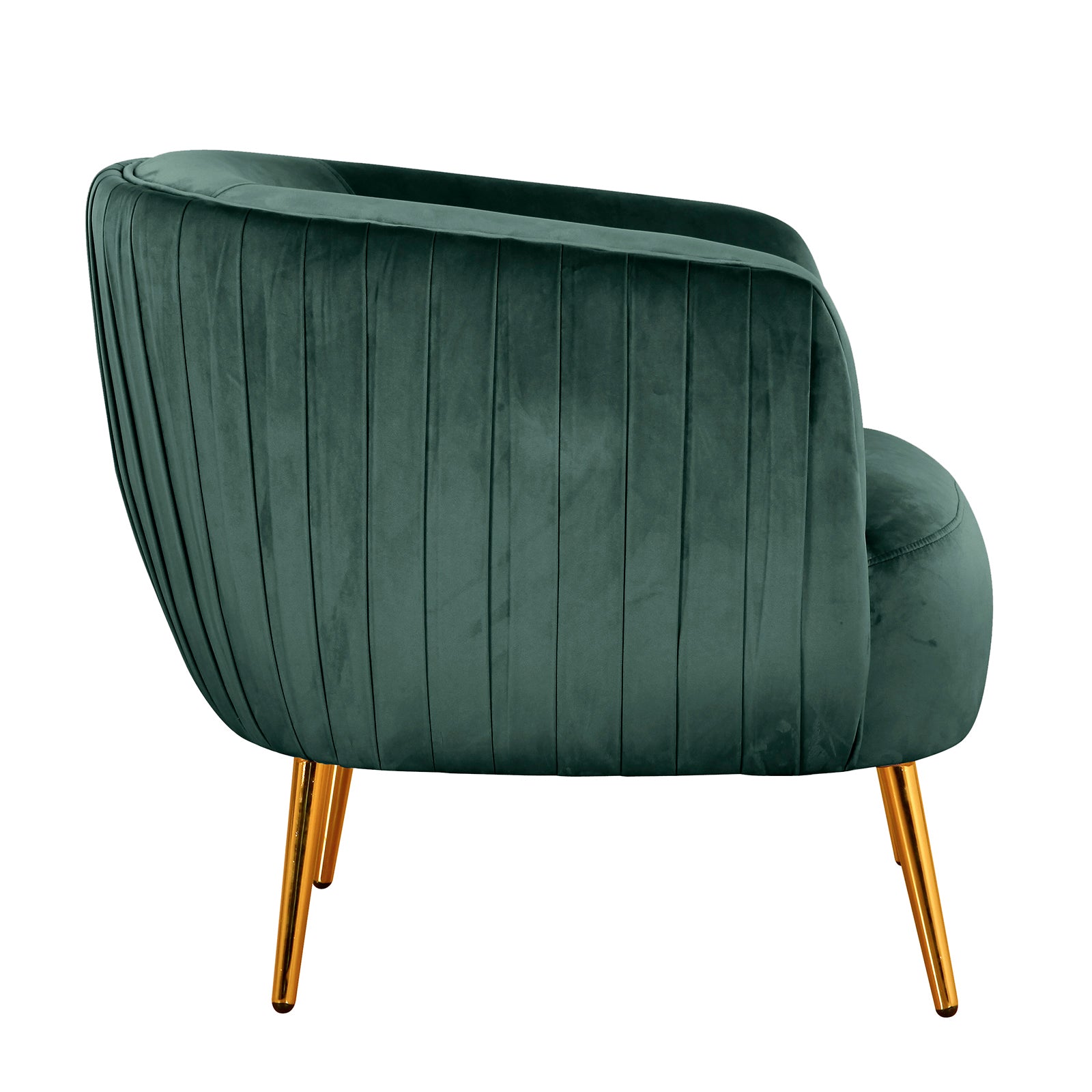 Evelyn 4 Seater Velvet Sofa Set in Dark Green, featuring an elegant shell-shaped back with vertical channel stitching, and sleek gold-finished metal legs, showcasing luxurious design and comfort.