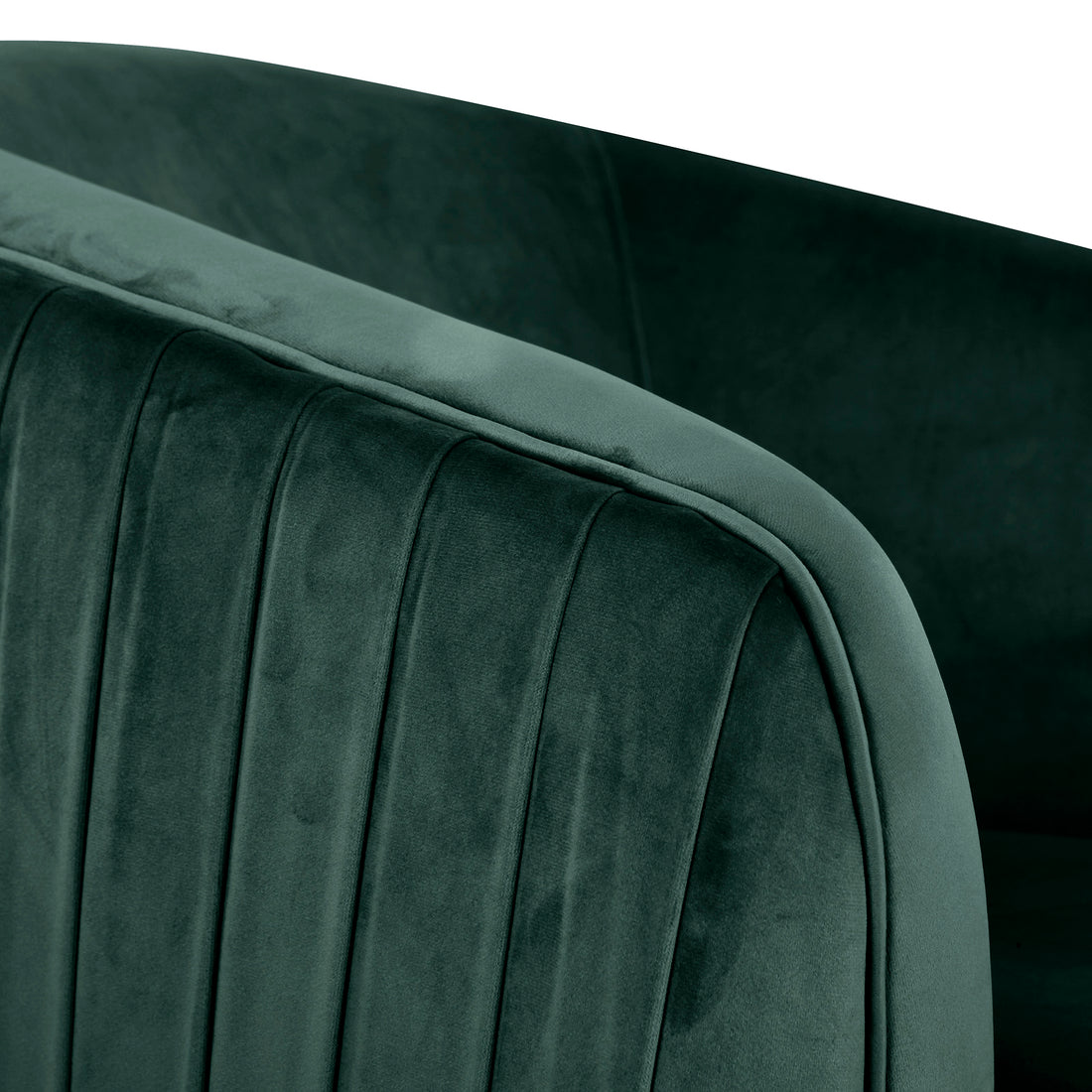 Close-up of the Evelyn 4 Seater Velvet Sofa Set in Dark Green, highlighting the vertical channel-tufted stitching and gently rounded padded armrest in soft velvet, showcasing luxurious design and craftsmanship.
