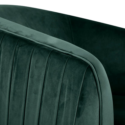 Close-up of the Evelyn 4 Seater Velvet Sofa Set in Dark Green, highlighting the vertical channel-tufted stitching and gently rounded padded armrest in soft velvet, showcasing luxurious design and craftsmanship.