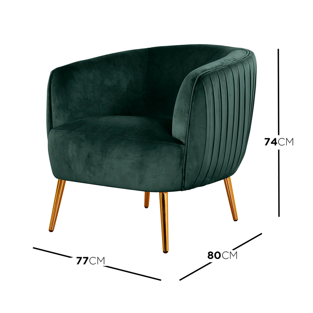 Evelyn 4 Seater Velvet Sofa Set in Dark Green, featuring a low-sitting, barrel-style accent chair with forest velvet upholstery, channel-stitched sides, and polished gold-tone metal legs, dimensions noted.