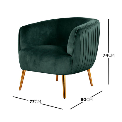 Evelyn 4 Seater Velvet Sofa Set in Dark Green, featuring a low-sitting, barrel-style accent chair with forest velvet upholstery, channel-stitched sides, and polished gold-tone metal legs, dimensions noted.