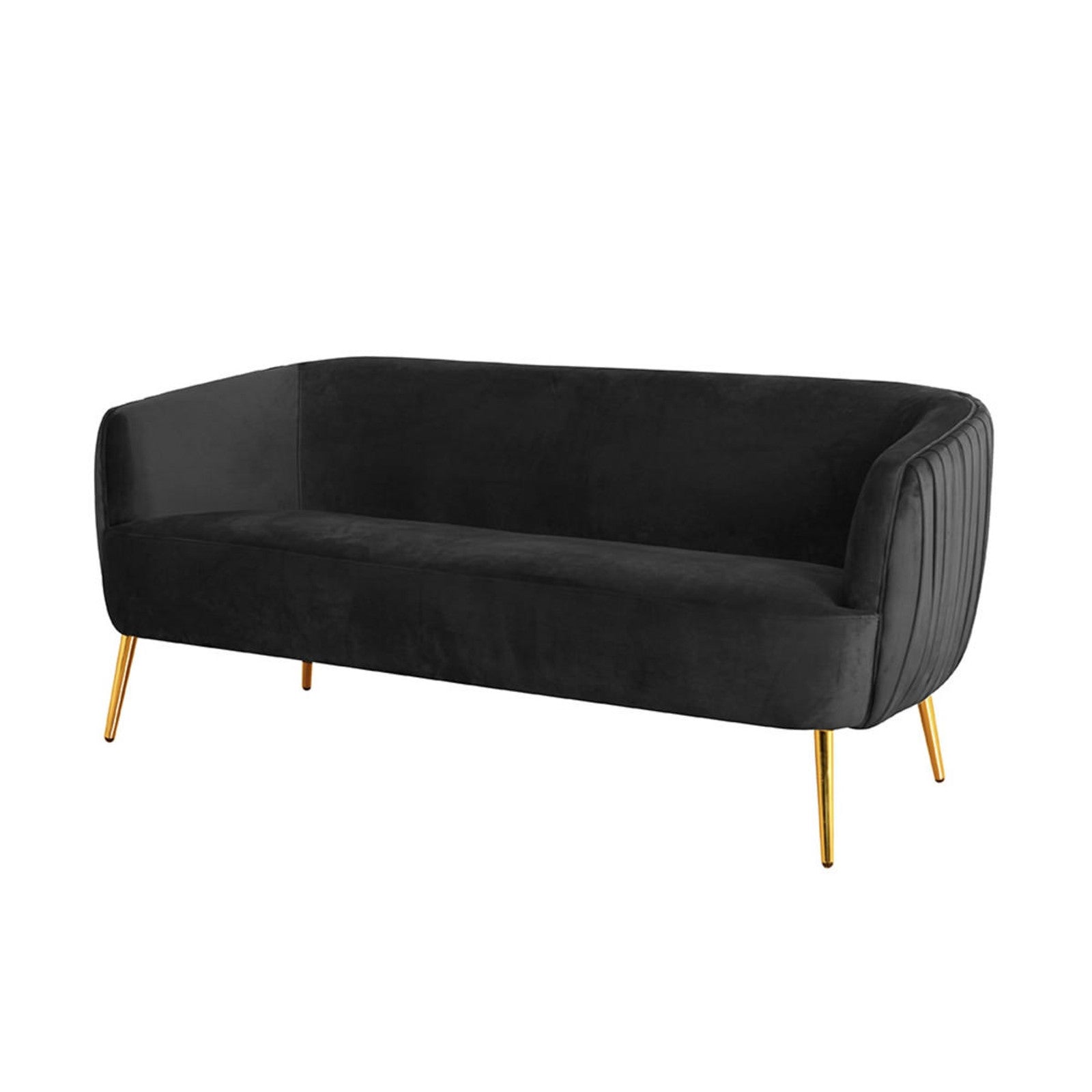 Evelyn 2 Seater Velvet Sofa Black: A plush black couch with gold legs, featuring smooth velvet upholstery, elegant curves, and clean vertical lines for a classic, opulent mid-century modern look.