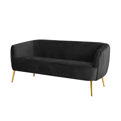Evelyn 2 Seater Velvet Sofa Black: A plush black couch with gold legs, featuring smooth velvet upholstery, elegant curves, and clean vertical lines for a classic, opulent mid-century modern look.