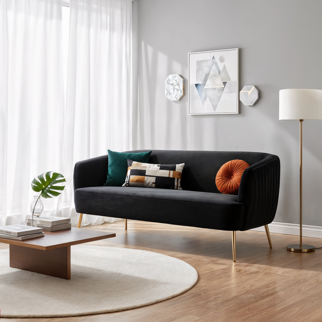 Evelyn 2 Seater Curved Velvet Sofa in Black