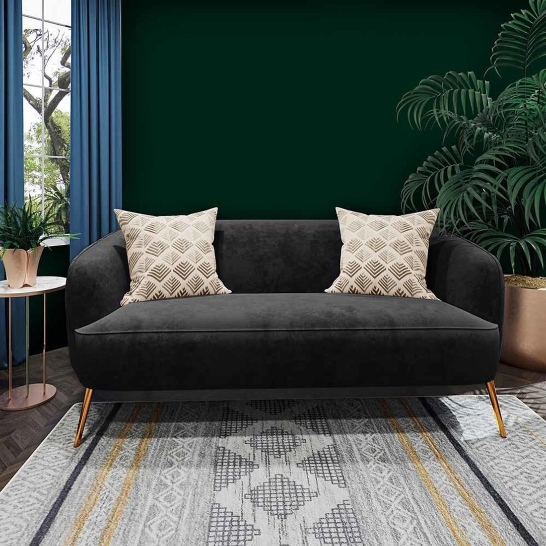 Evelyn 2 Seater Velvet Sofa, showcasing plush velvet upholstery with elegant curves and gold legs, enhances any room with its chic, mid-century modern design and comfortable seating for two.
