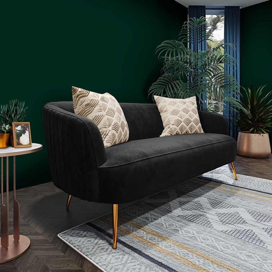 Evelyn 2 Seater Velvet Sofa Black with plush velvet upholstery, elegant vertical lines, and gold legs, perfectly designed to enhance a modern living room setting with its chic, mid-century style.