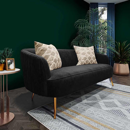 Evelyn 2 Seater Velvet Sofa Black with plush velvet upholstery, elegant vertical lines, and gold legs, perfectly designed to enhance a modern living room setting with its chic, mid-century style.