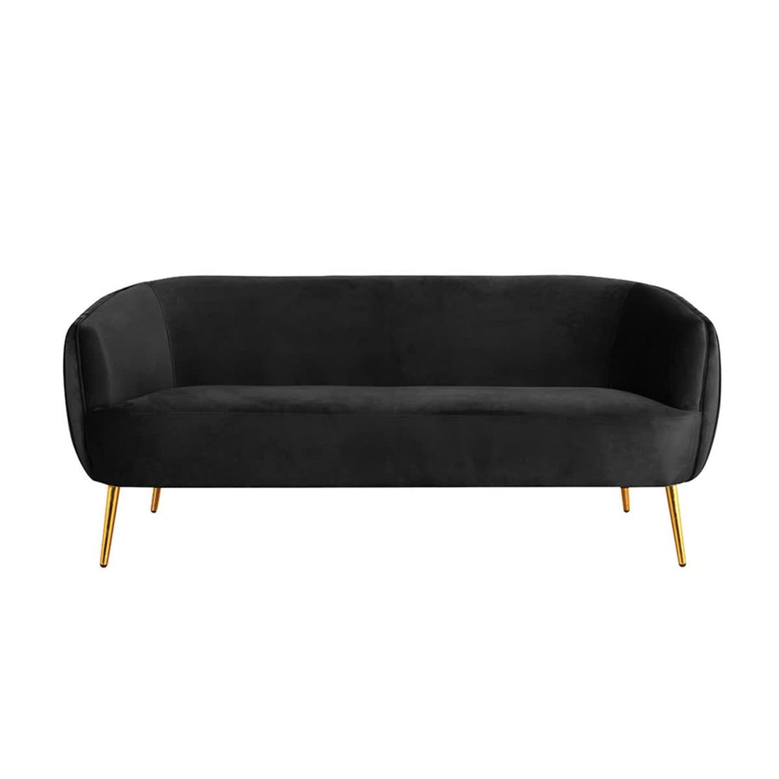 Evelyn 2 Seater Velvet Sofa Black features elegant gold legs and plush velvet upholstery, reflecting a chic mid-century modern design with clean vertical lines for a luxurious living room addition.