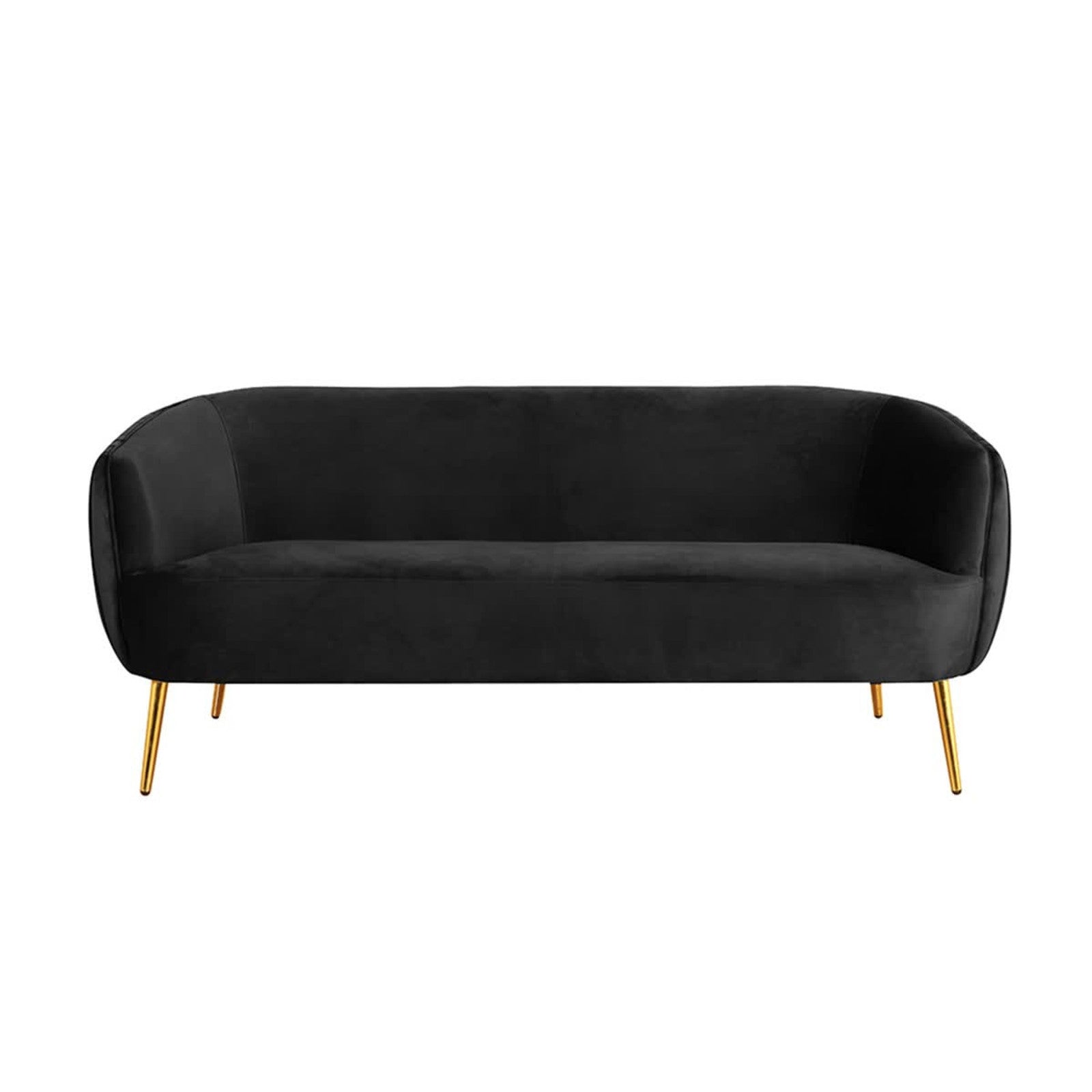 Evelyn 2 Seater Velvet Sofa Black features elegant gold legs and plush velvet upholstery, reflecting a chic mid-century modern design with clean vertical lines for a luxurious living room addition.