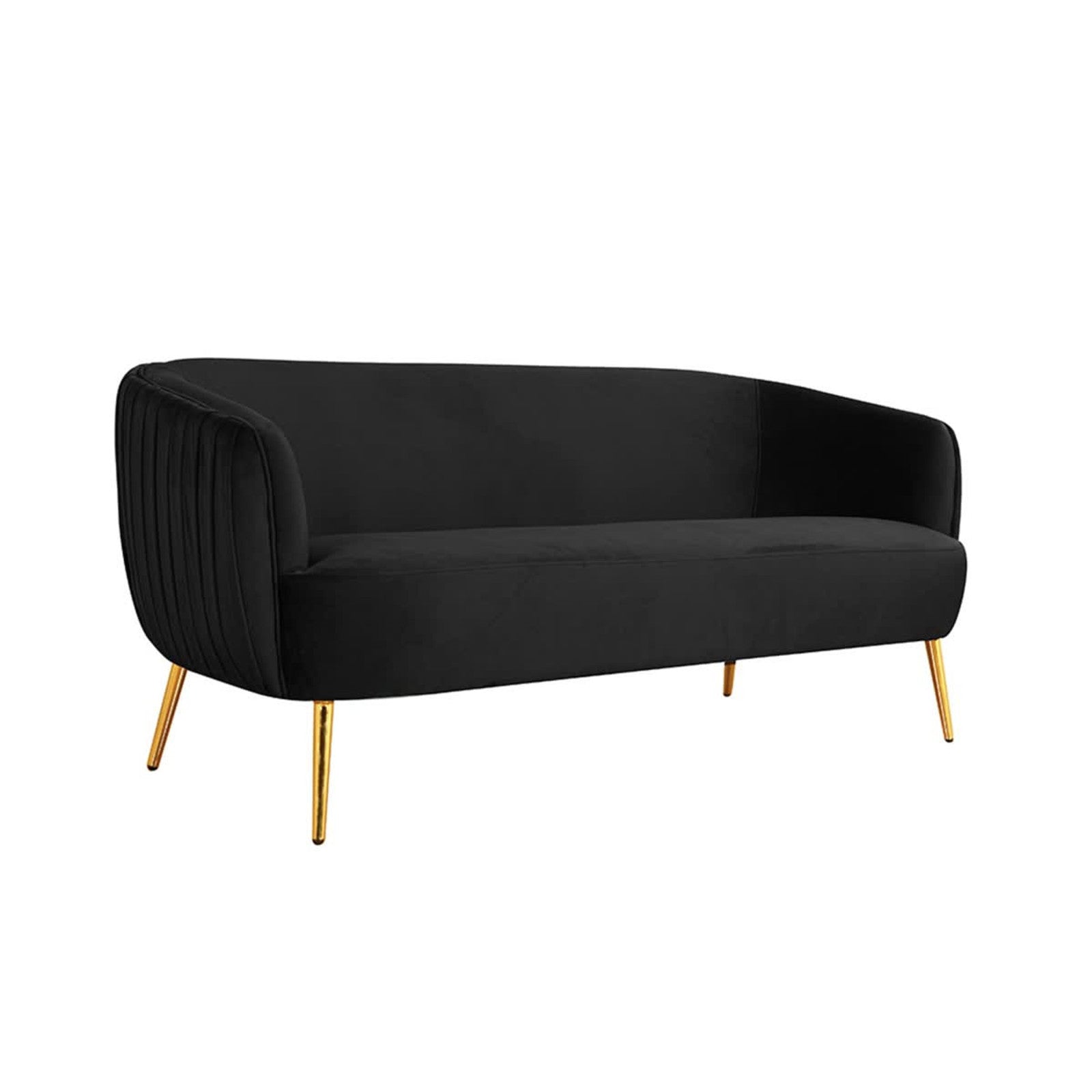 Evelyn 2 Seater Velvet Sofa Black, featuring elegant curves and clean vertical lines, with plush velvet upholstery and gold legs, offering a chic and modern seating solution for two.