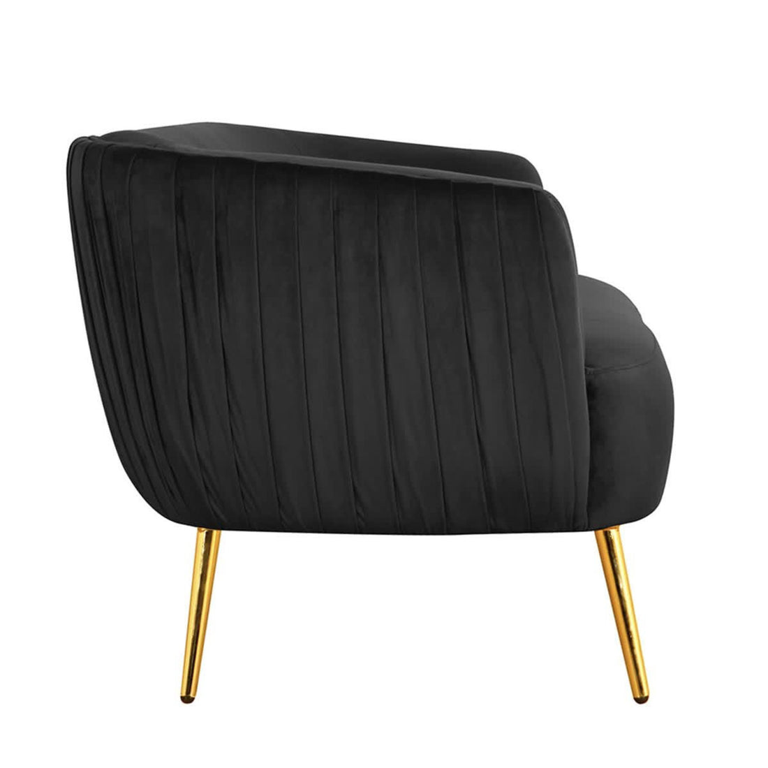 Evelyn 2 Seater Velvet Sofa Black features sleek velvet upholstery, elegant vertical lines, and stylish gold legs, showcasing a chic mid-century modern design perfect for enhancing any living room setting.