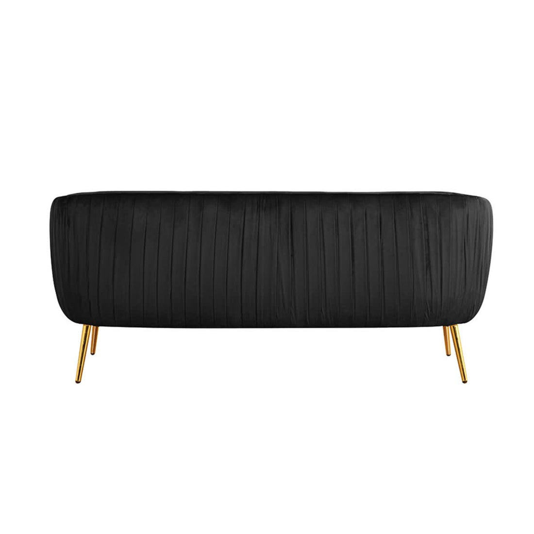 Evelyn 2 Seater Velvet Sofa Black features a plush velvet upholstery with elegant curves and clean vertical lines, highlighted by sleek gold legs, embodying a classic mid-century modern design.