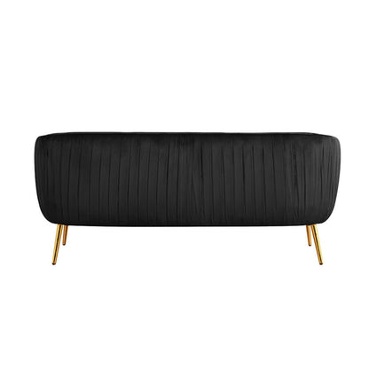 Evelyn 2 Seater Velvet Sofa Black features a plush velvet upholstery with elegant curves and clean vertical lines, highlighted by sleek gold legs, embodying a classic mid-century modern design.