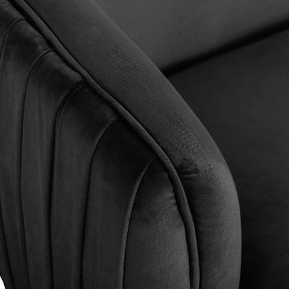 Evelyn 2 Seater Velvet Sofa Black, showcasing plush velvet upholstery with sleek vertical lines and elegant gold legs, epitomizing art deco, mid-century modern style, perfect for enhancing any living room.