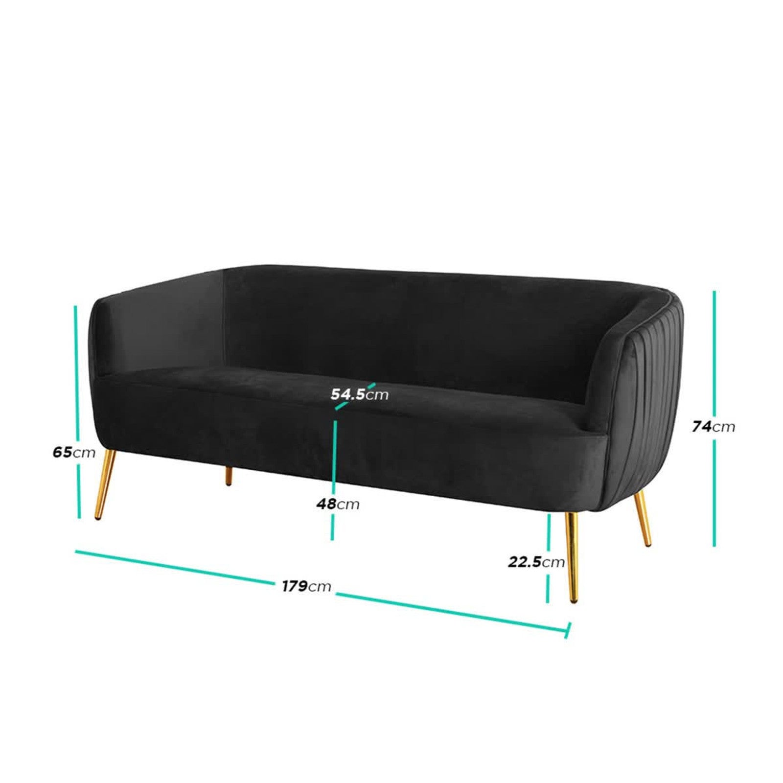 Evelyn 2 Seater Velvet Sofa Black features sleek vertical lines, plush velvet upholstery, and elegant gold legs, showcasing a chic mid-century modern design with a sturdy timber frame.