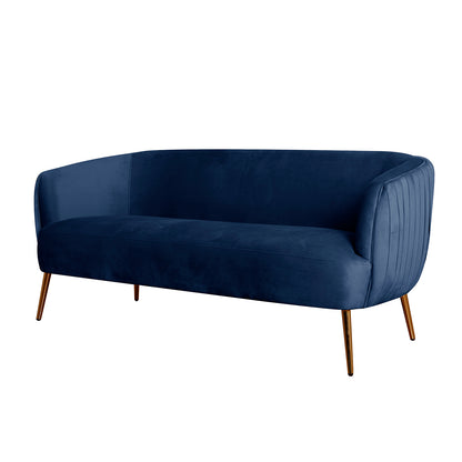 Evelyn 2 Seater Velvet Sofa Blue features plush velvet upholstery, elegant curves, vertical lines, and gold-coated wooden legs, embodying a chic, mid-century modern design perfect for stylish living spaces.