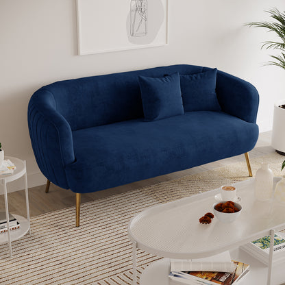 Evelyn 2 Seater Velvet Sofa Blue, showcasing elegant curves and vertical lines with gold legs, upholstered in luxurious velvet, enhancing its sophisticated and timeless appeal. Ideal for chic, modern interiors.