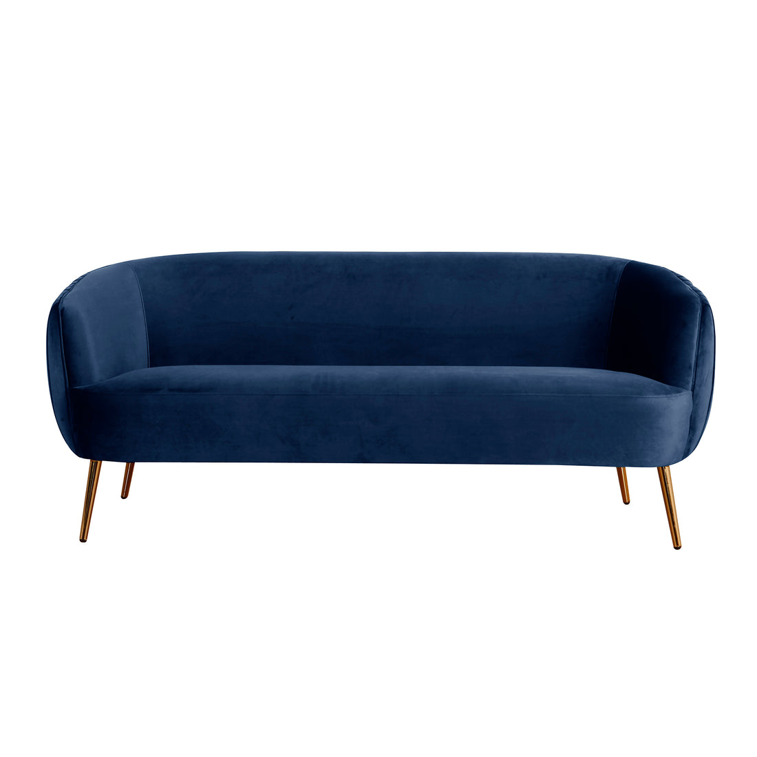 Evelyn 2 Seater Velvet Sofa Blue with plush velvet upholstery, elegant vertical lines, and gold legs, showcasing a mid-century modern design for luxurious comfort and style in living rooms.