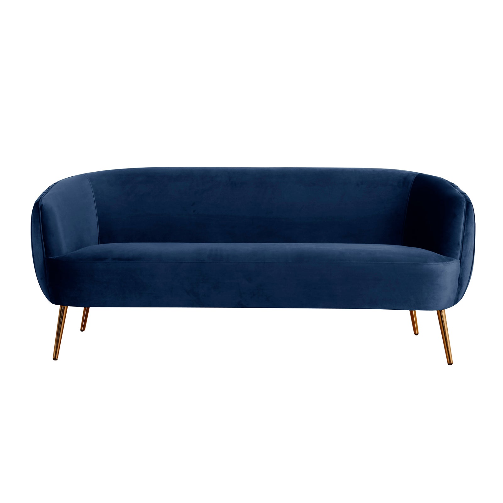 Evelyn 2 Seater Velvet Sofa Blue with plush velvet upholstery, elegant vertical lines, and gold legs, showcasing a mid-century modern design for luxurious comfort and style in living rooms.