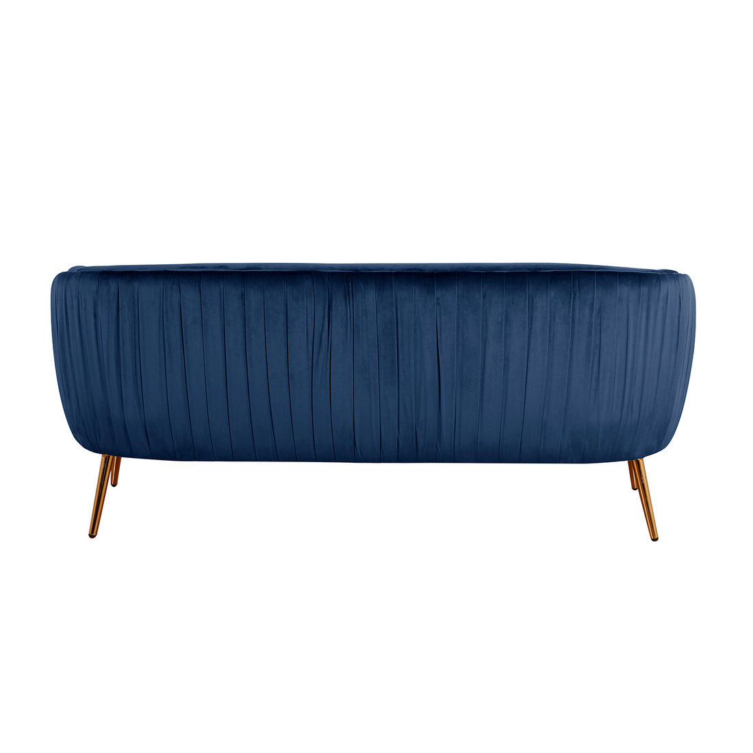 Evelyn 2 Seater Velvet Sofa Blue with elegant curves, vertical lines, and gold legs, showcasing a plush, luxurious design that highlights its mid-century modern style and comfort.
