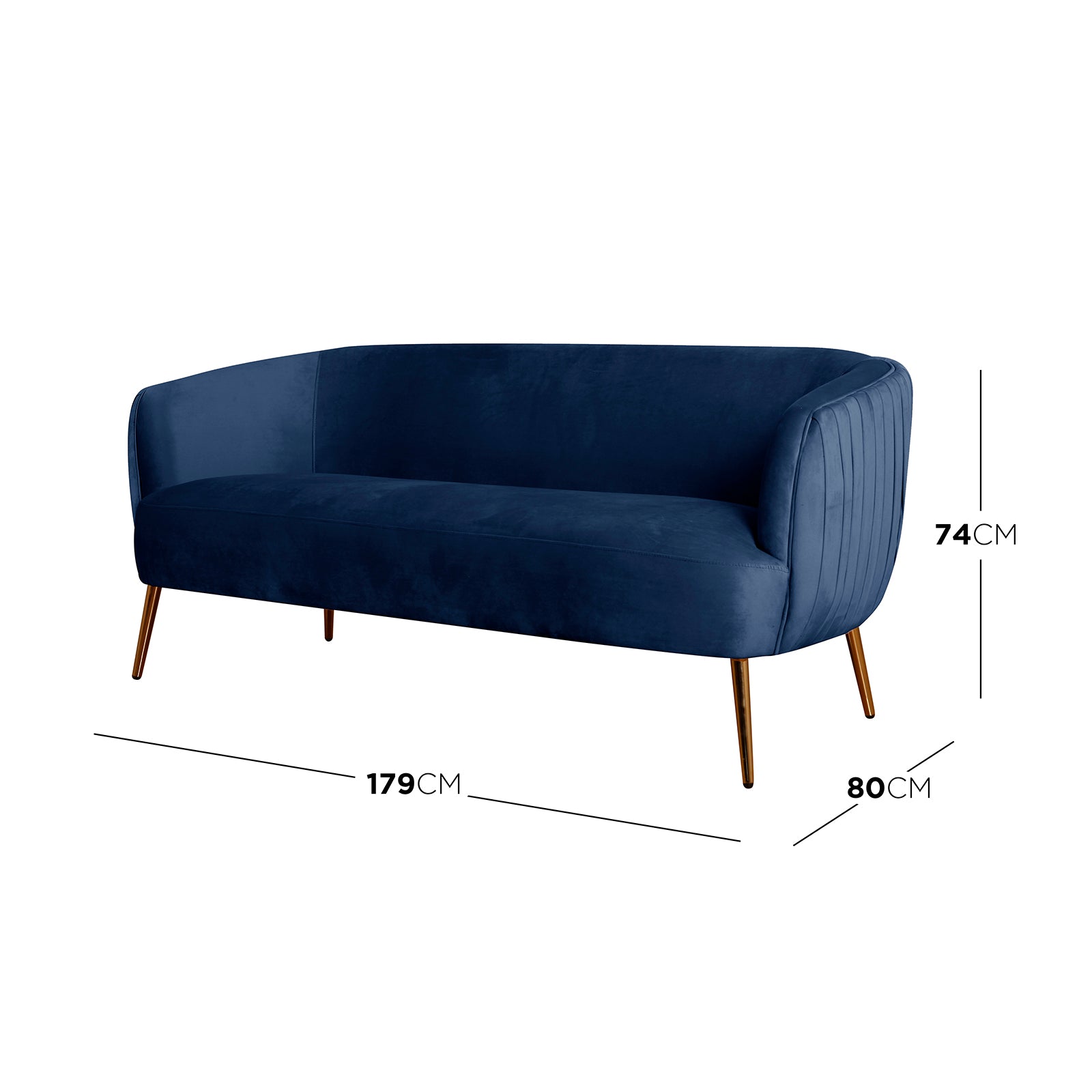 Evelyn 2 Seater Velvet Sofa Blue, featuring luxurious velvet upholstery, prominent vertical lines, and gold-coated legs, embodying a chic mid-century modern design with plush seating for two.