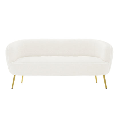 Evelyn 2 Seater Curved Boucle Sofa in Cream White, featuring a curved back and armrests, slender brass-finished legs, upholstered in elegant bouclé fabric, showcasing a chic mid-century modern design.