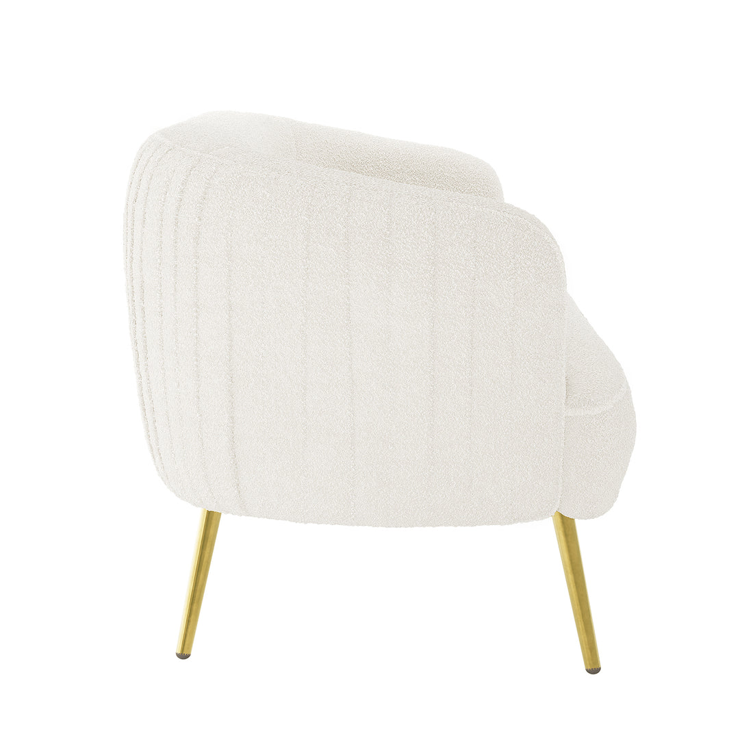 Evelyn 2 Seater Curved Boucle Sofa in Cream White features a modern design with rounded arms, vertical stitching, and brass-toned tapered metal legs, exuding mid-century elegance and comfort.