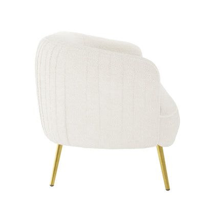 Evelyn 2 Seater Curved Boucle Sofa in Cream White features a modern design with rounded arms, vertical stitching, and brass-toned tapered metal legs, exuding mid-century elegance and comfort.