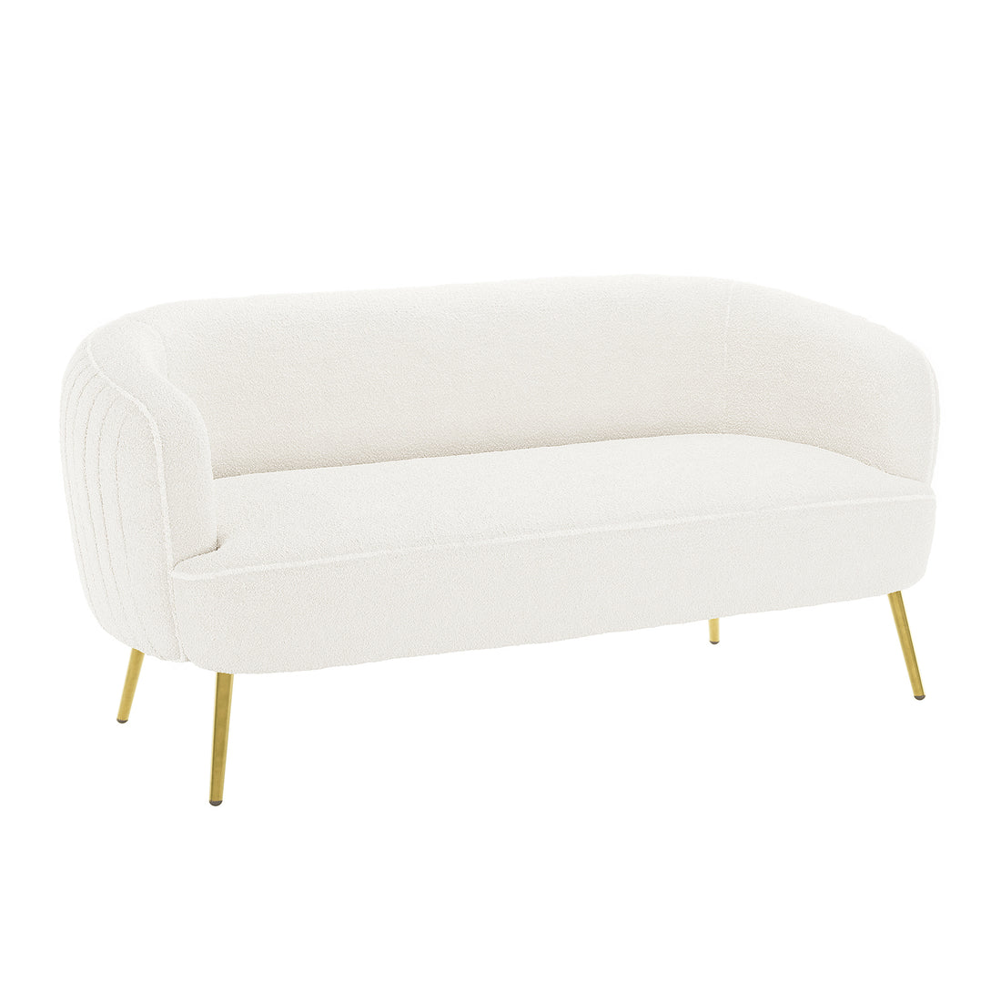Evelyn 2 Seater Curved Boucle Sofa in Cream White features a gently curved back, rounded arms, off-white boucle fabric, and slender brass-toned metal legs, embodying a chic mid-century modern design.