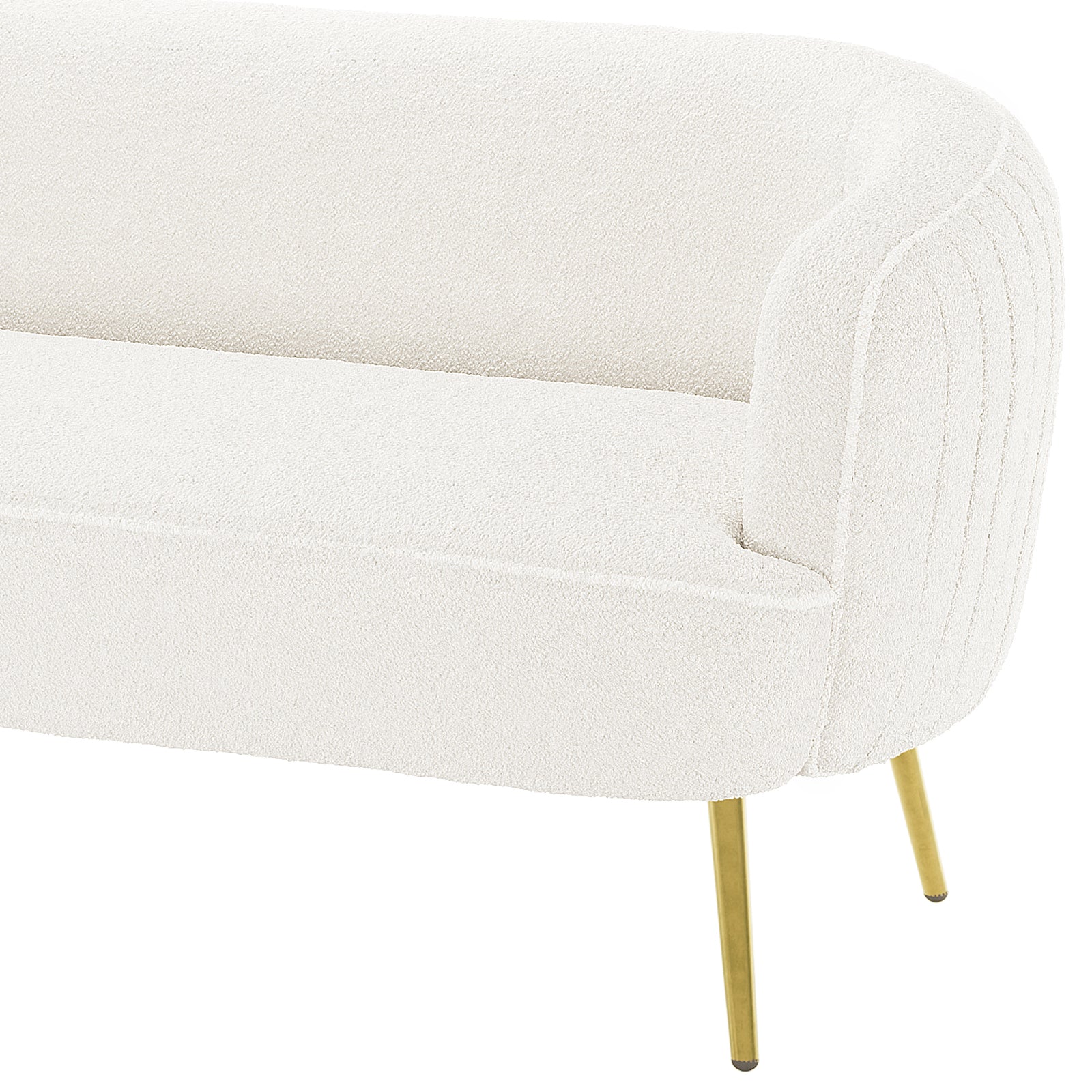 Evelyn 2 Seater Curved Boucle Sofa in Cream White features a modern design with a curved back, single armrest, white bouclé fabric, and slim brass-metal legs.