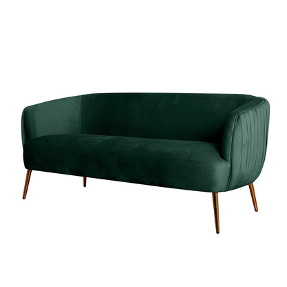 Evelyn 2 Seater Velvet Sofa Green with elegant curves, gold-coated wooden legs, and plush velvet upholstery, showcasing a chic mid-century modern design with vertical lines, ideal for stylish living spaces.