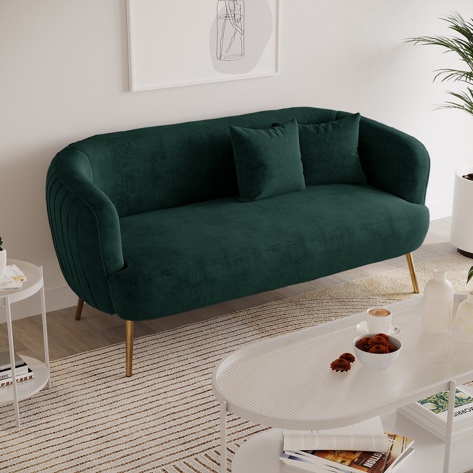 Evelyn 2 Seater Velvet Sofa Green features plush velvet upholstery, elegant curves, and sleek gold legs, offering a chic, mid-century modern look with cozy seating for two.