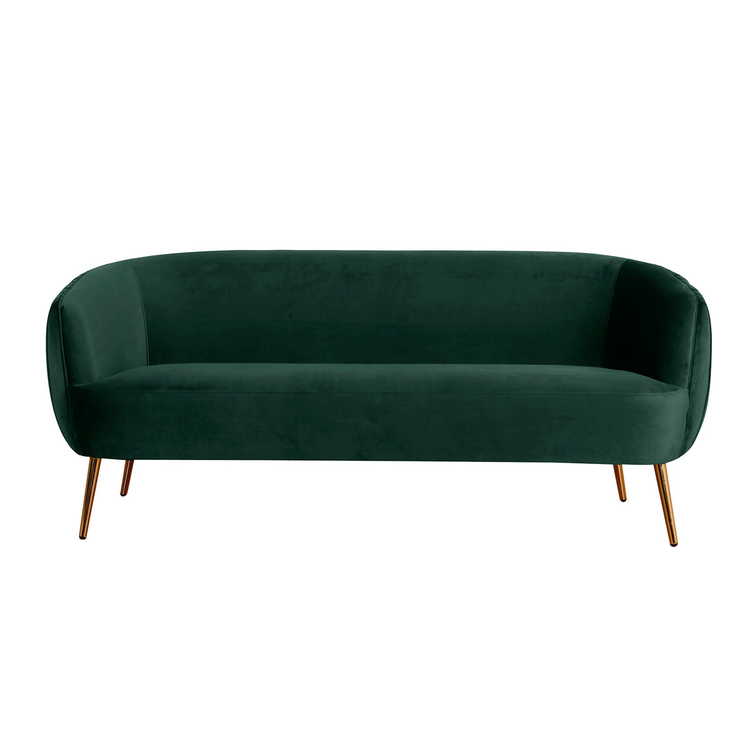 Evelyn 2 Seater Velvet Sofa Green features plush velvet upholstery, elegant curves, and gold metal legs, offering a mid-century modern aesthetic with ample seating for two.