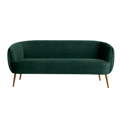 Evelyn 2 Seater Velvet Sofa Green features plush velvet upholstery, elegant curves, and gold metal legs, offering a mid-century modern aesthetic with ample seating for two.