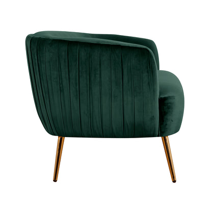 Evelyn 2 Seater Velvet Sofa Green features a plush, mid-century modern design with elegant curves, vertical lines, and gold-coated metal legs, offering both style and comfort.