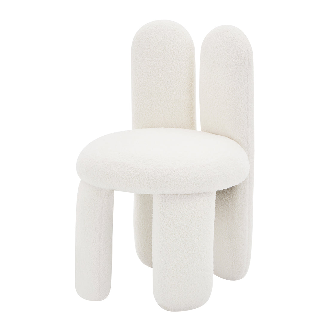 Flore Boucle Kids Chair with Bunny Ears in Cream White features a playful, sculptural design with a round, padded seat, thick cylindrical legs, and tall, pill-shaped backrests resembling bunny ears.