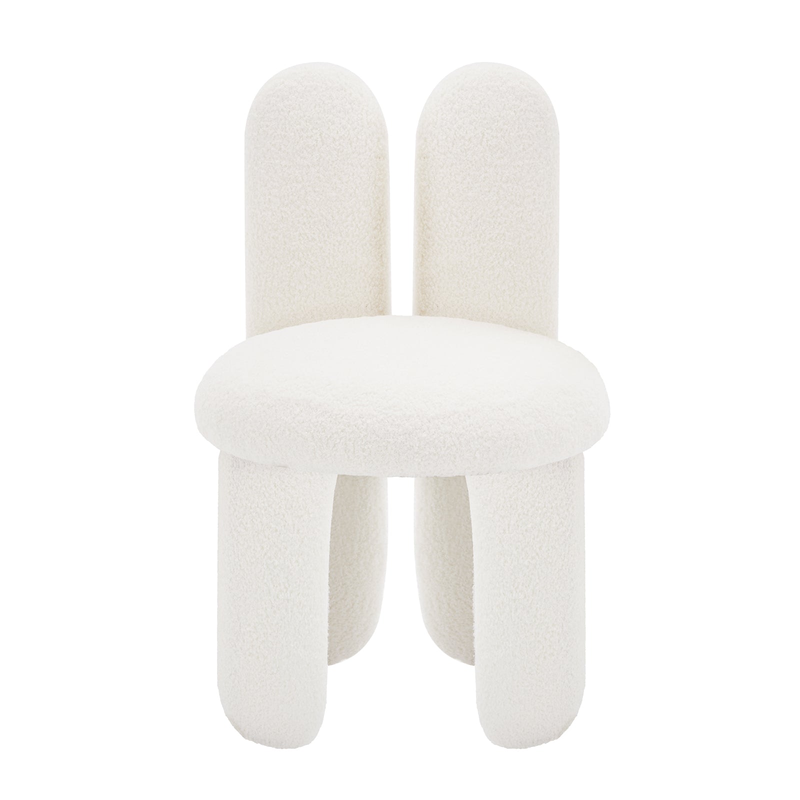 Flore Boucle Kids Chair with Bunny Ears in Cream White, featuring a soft boucle fabric, rounded seat, pill-shaped legs, and playful bunny-ear backrest, designed for comfort and durability in children's spaces.