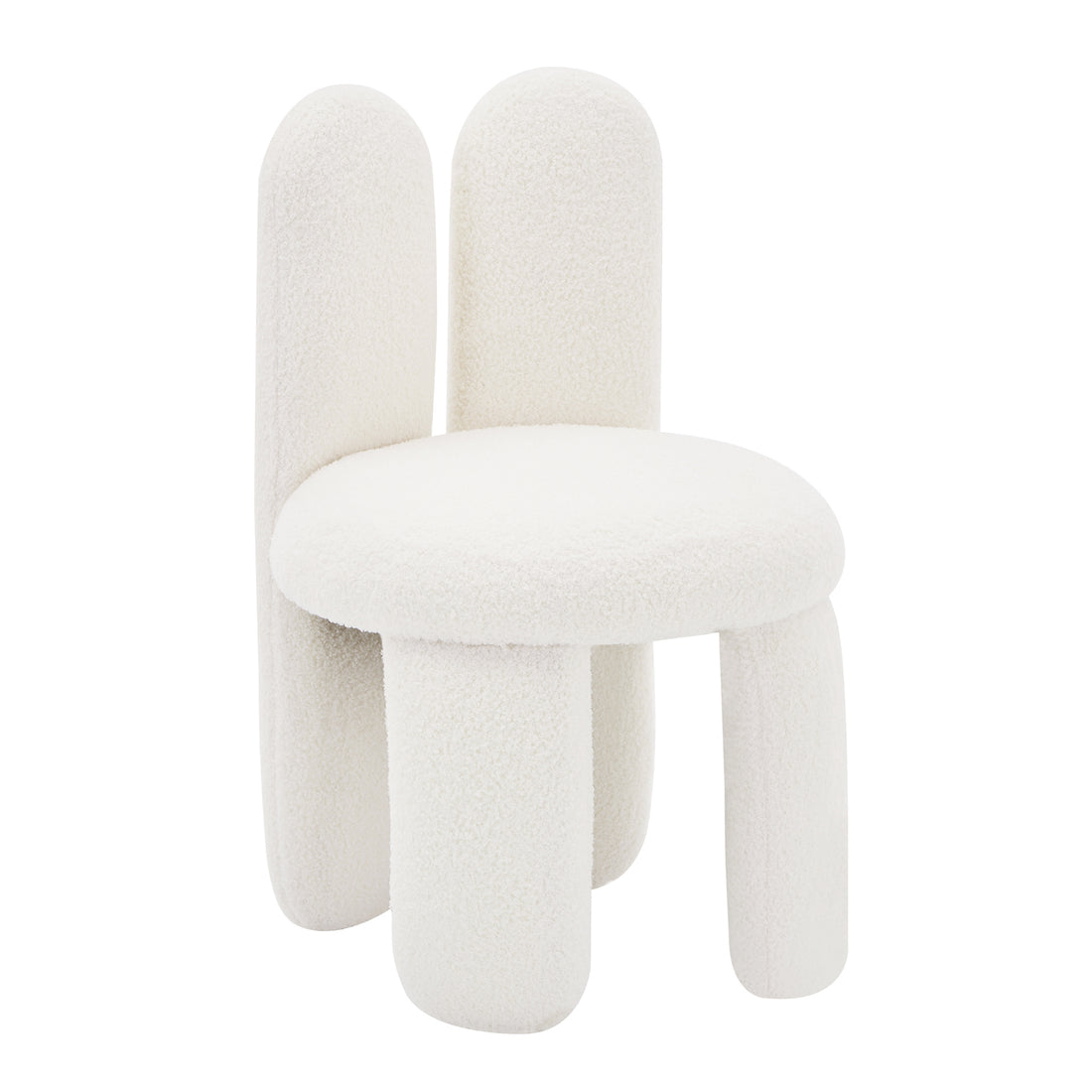 Flore Boucle Kids Chair with Bunny Ears in Cream White features a textured boucle fabric, round padded seat, cylindrical legs, and playful bunny-shaped backrest, perfect for children's spaces.